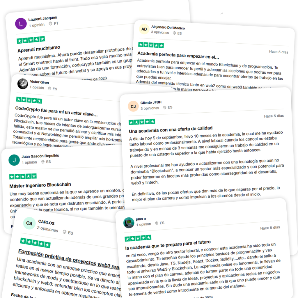 Collage de reseñas de alumnos en Trustpilot